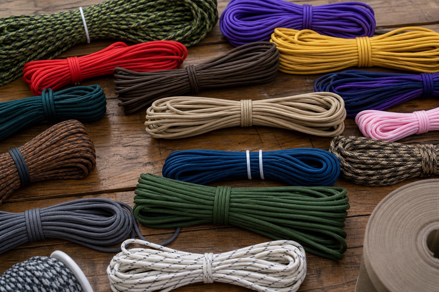 Coils of paracord in different diameters and colours arranged side by side on a table, top view