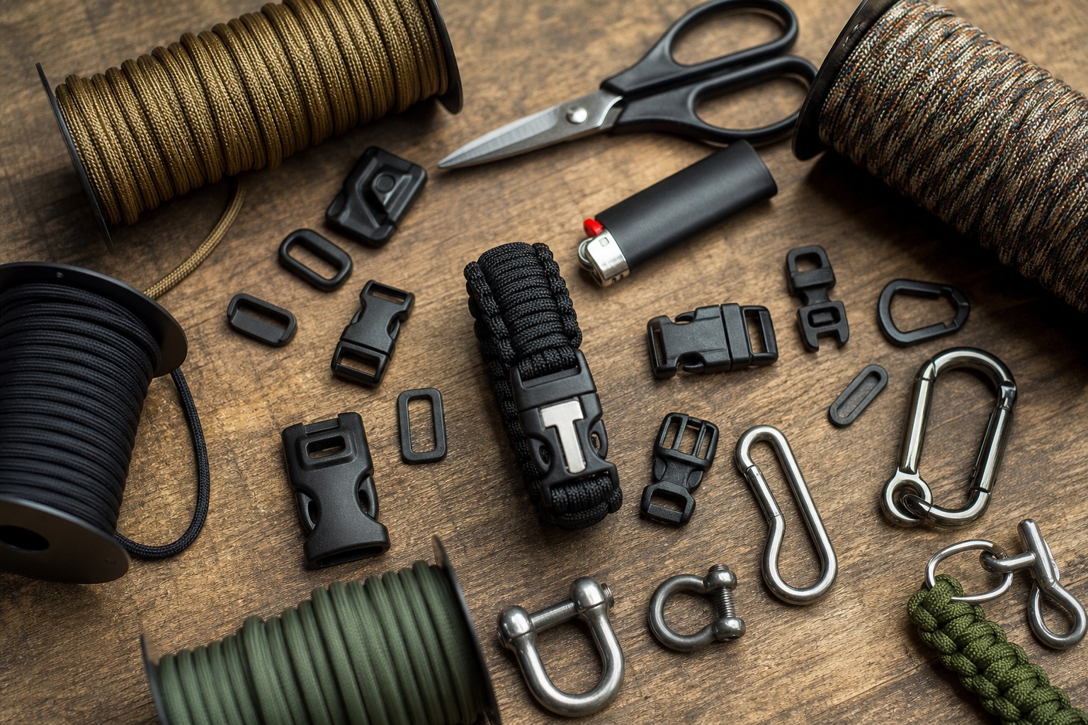 Flat lay of paracord craft supplies: buckles, carabiners, scissors, a lighter and cord spools