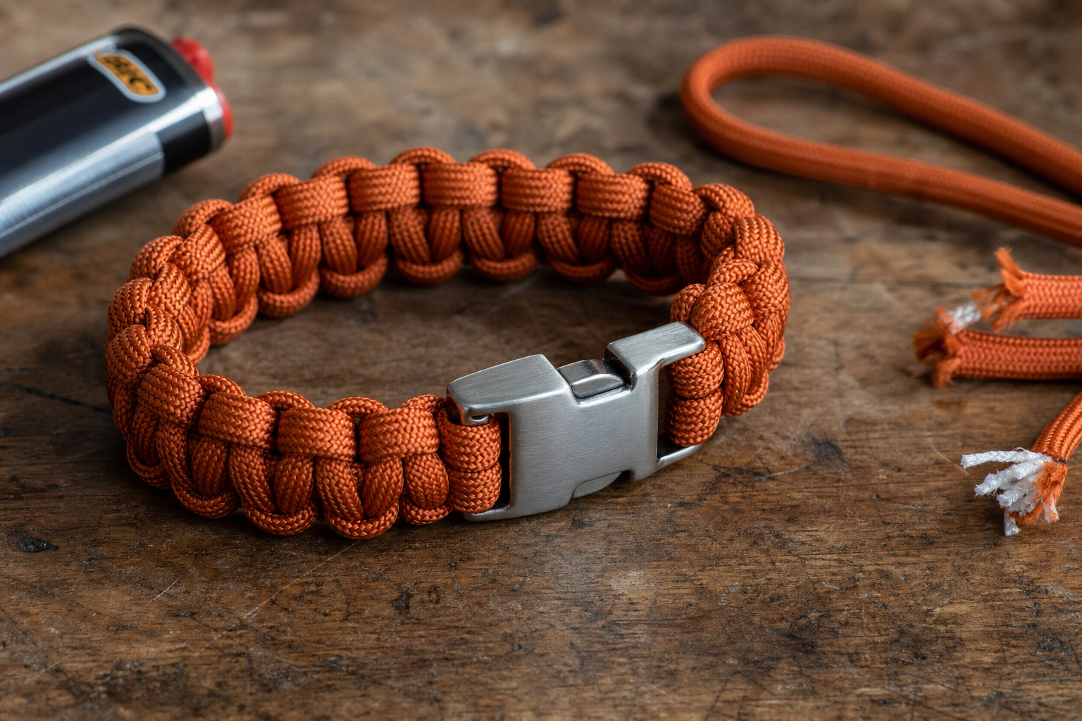 Finished burnt-orange cobra weave paracord bracelet with steel buckle