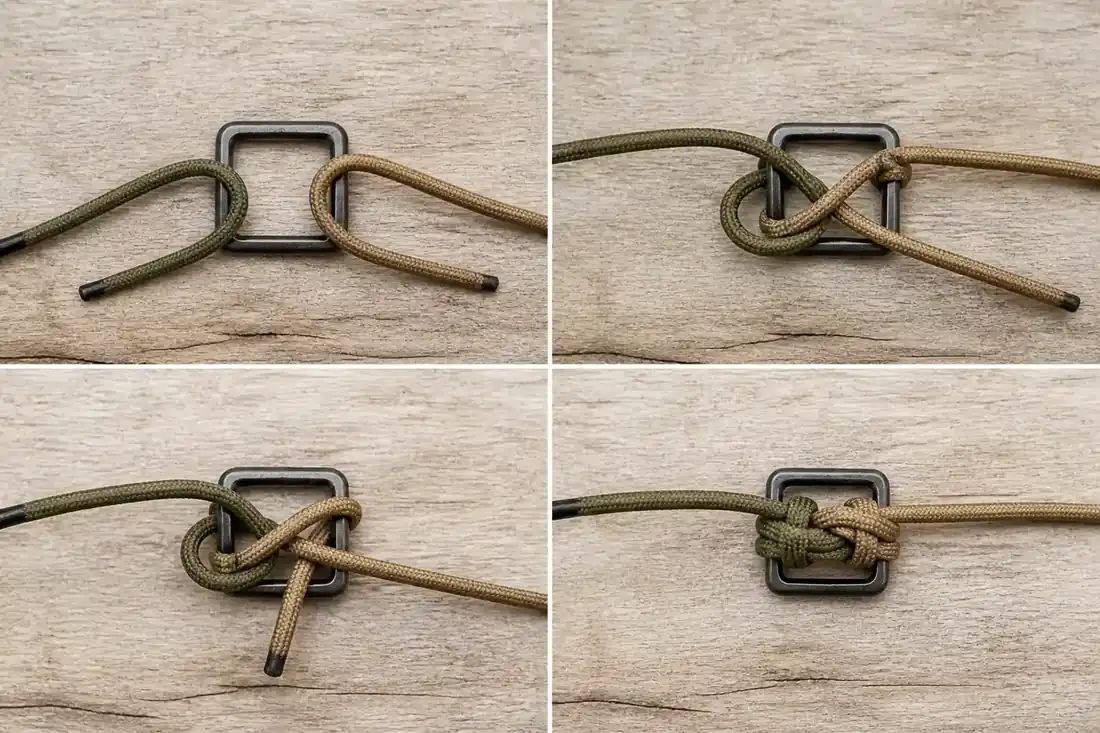 Diagram: each end folded around the square, the last threading through the first loop