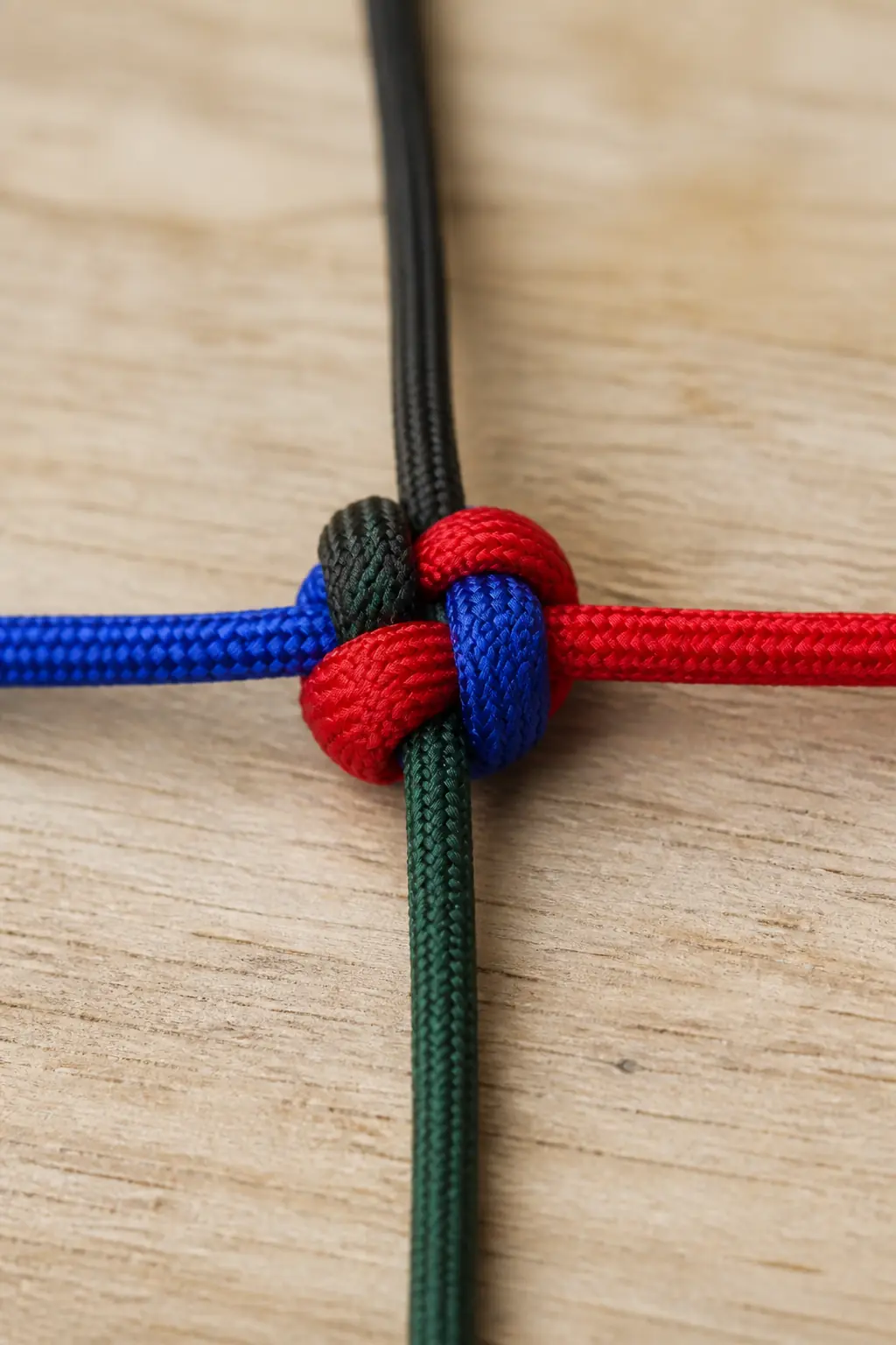Diagram: tightened square box knot with four cords exiting the faces