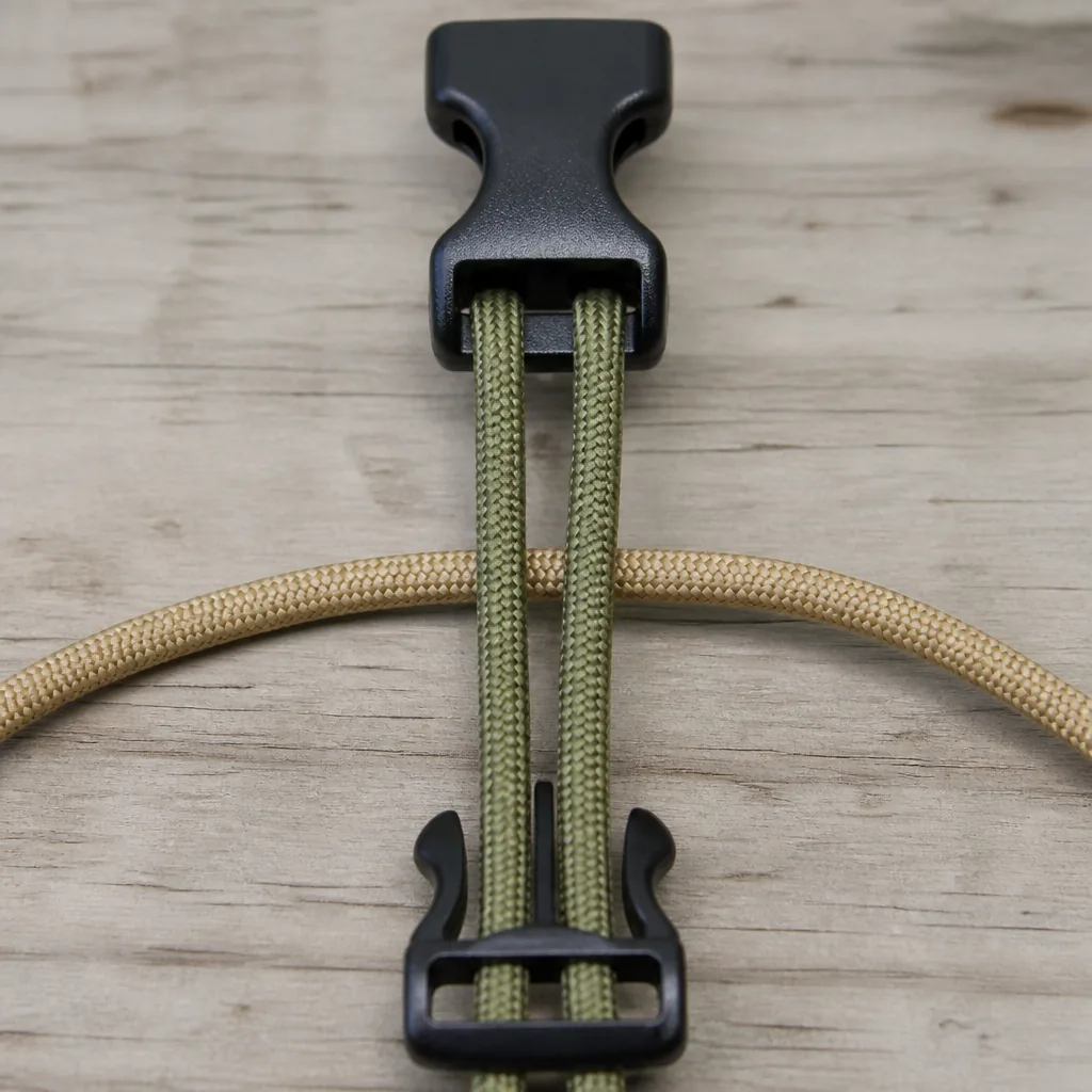 Diagram: working cord threaded behind the two core cords between the buckles