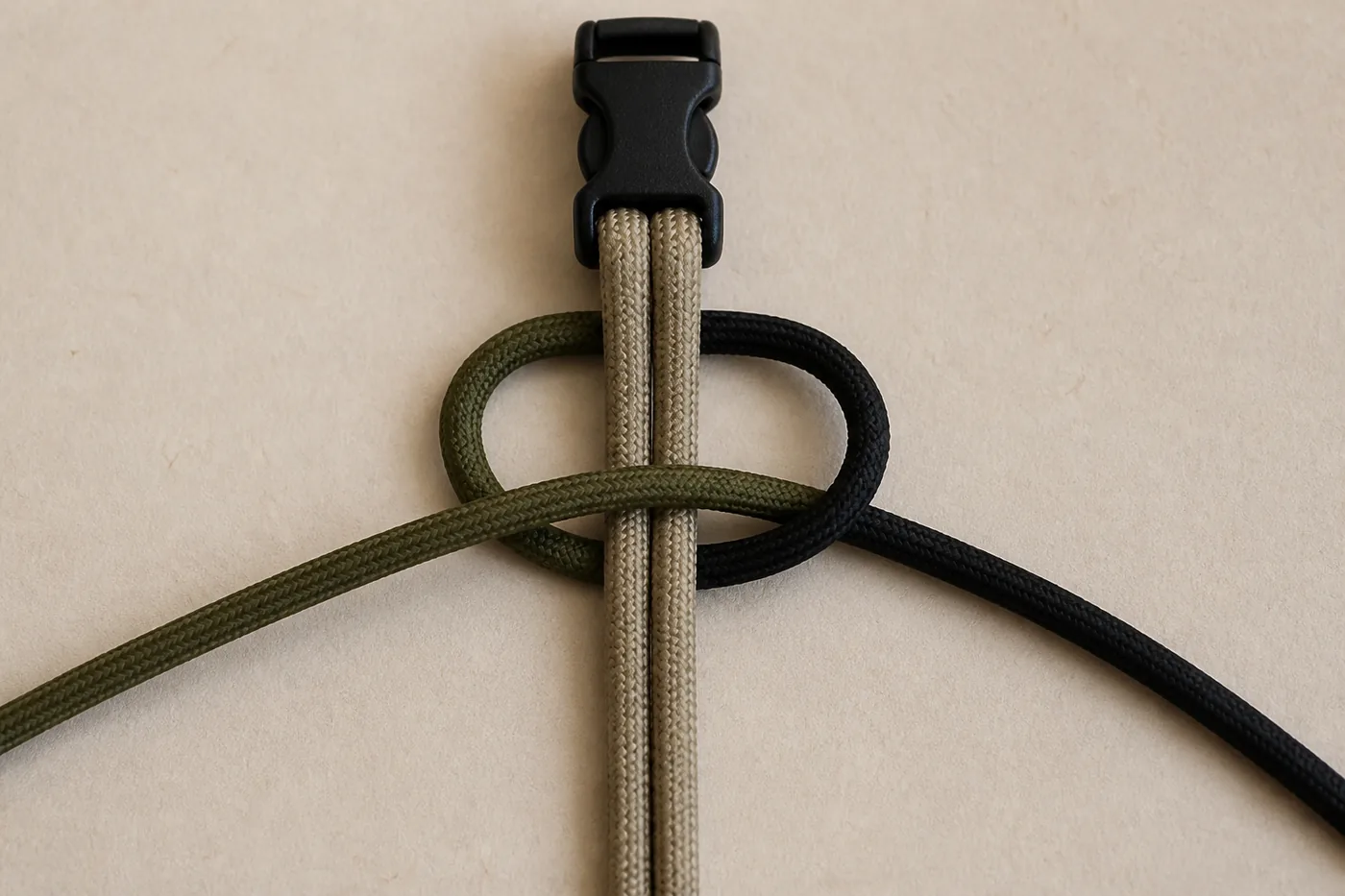 Diagram: left end crossing in front of the core cords, right end passing behind