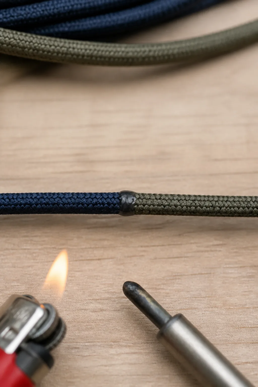 Diagram of two paracord ends joined by a melted and rolled splice