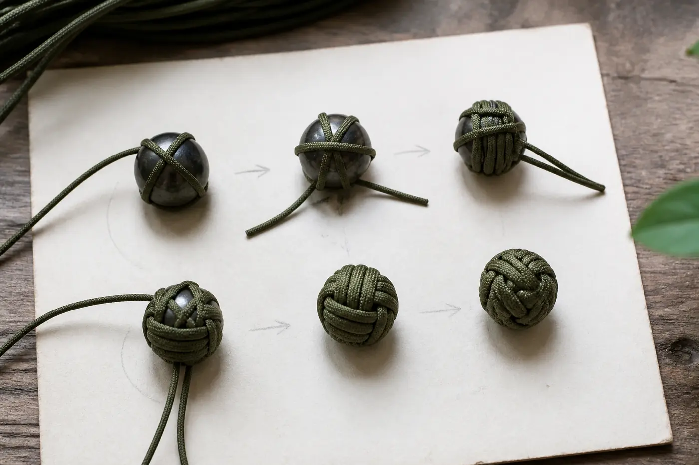 Diagram of the wrapped passes of a monkey fist knot around a ball bearing