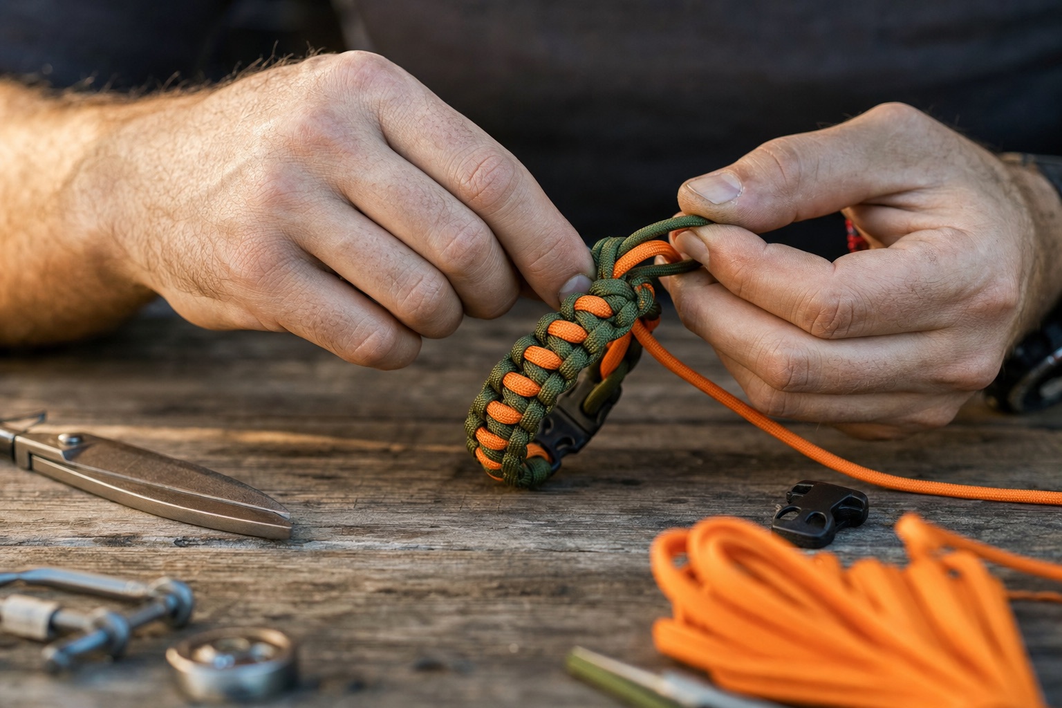 Hands tying an olive-drab and orange cobra-stitch paracord bracelet on a weathered wooden workbench