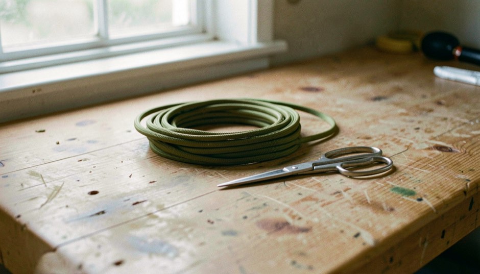 A loose coil of round olive green paracord next to a pair of steel scissors on a worn wooden workbench beside a window, soft morning light from the left