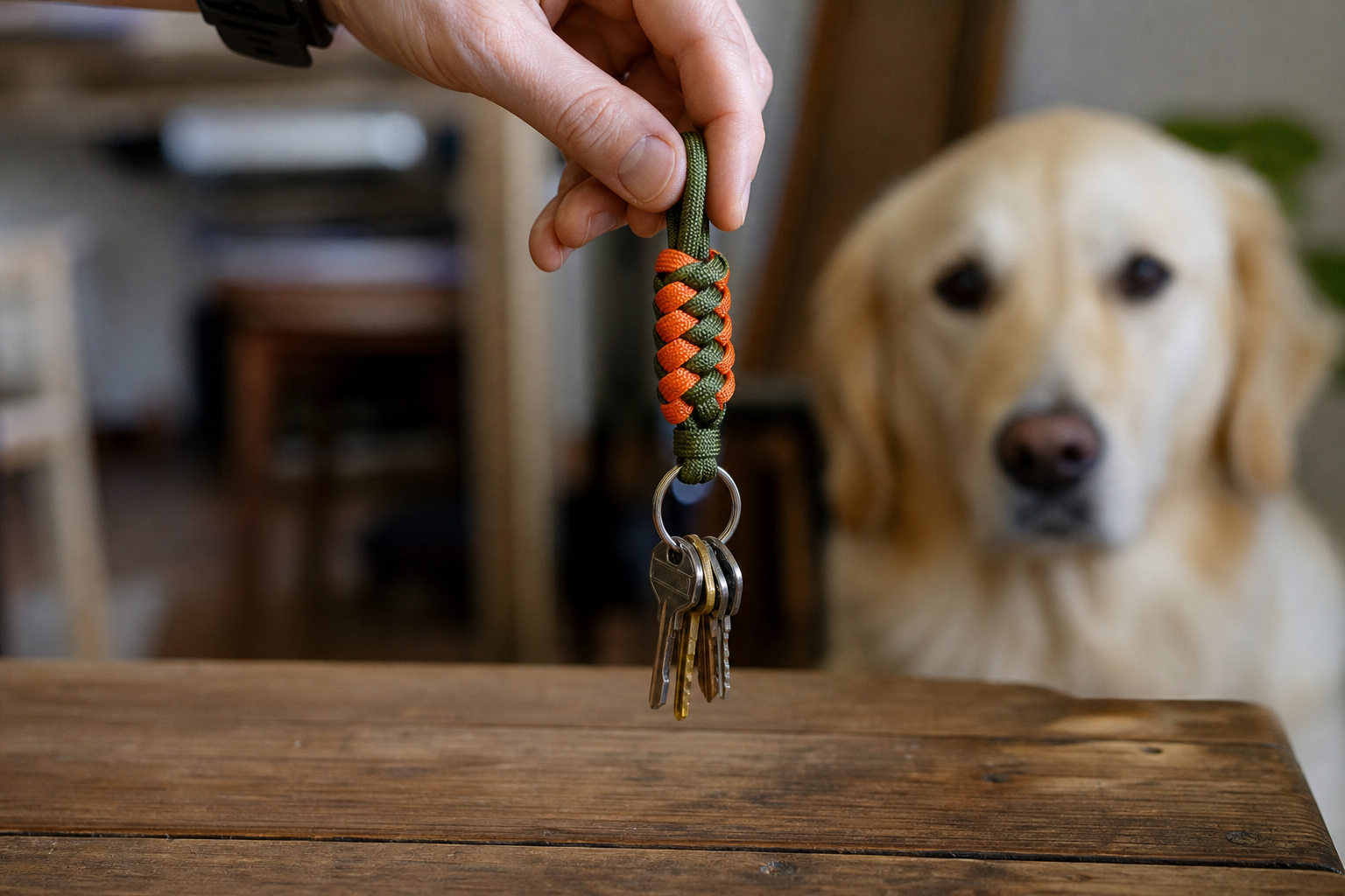 Box knot paracord keychain in olive and orange with steel keys