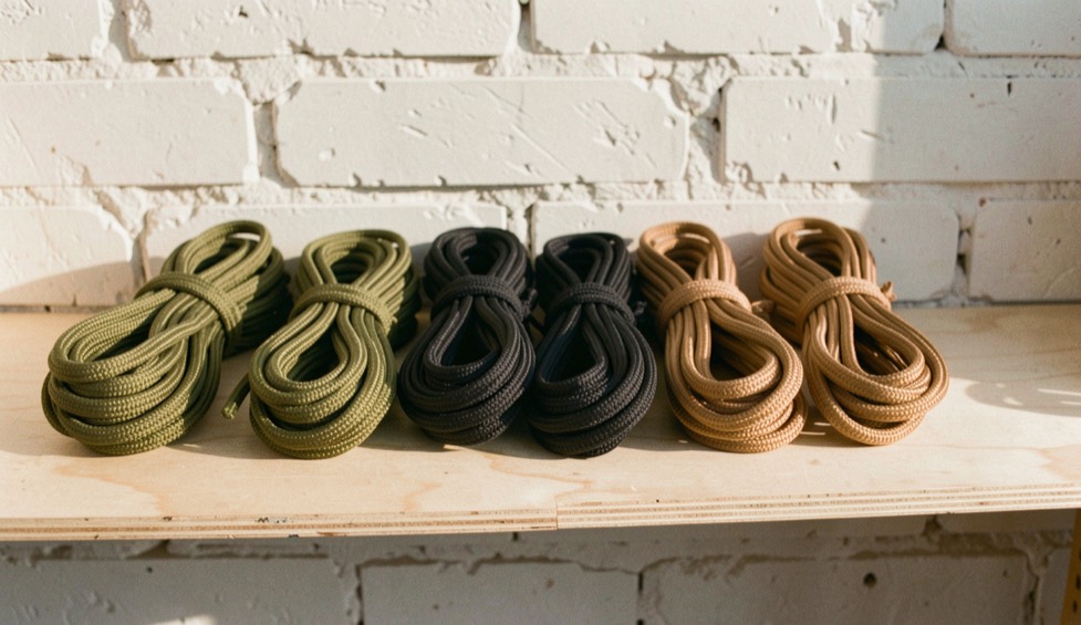 Six neat hanks of round braided paracord in olive, black and tan, each tied with a loop of the same cord, lined up on a plywood shelf against a whitewashed brick wall, warm afternoon side light