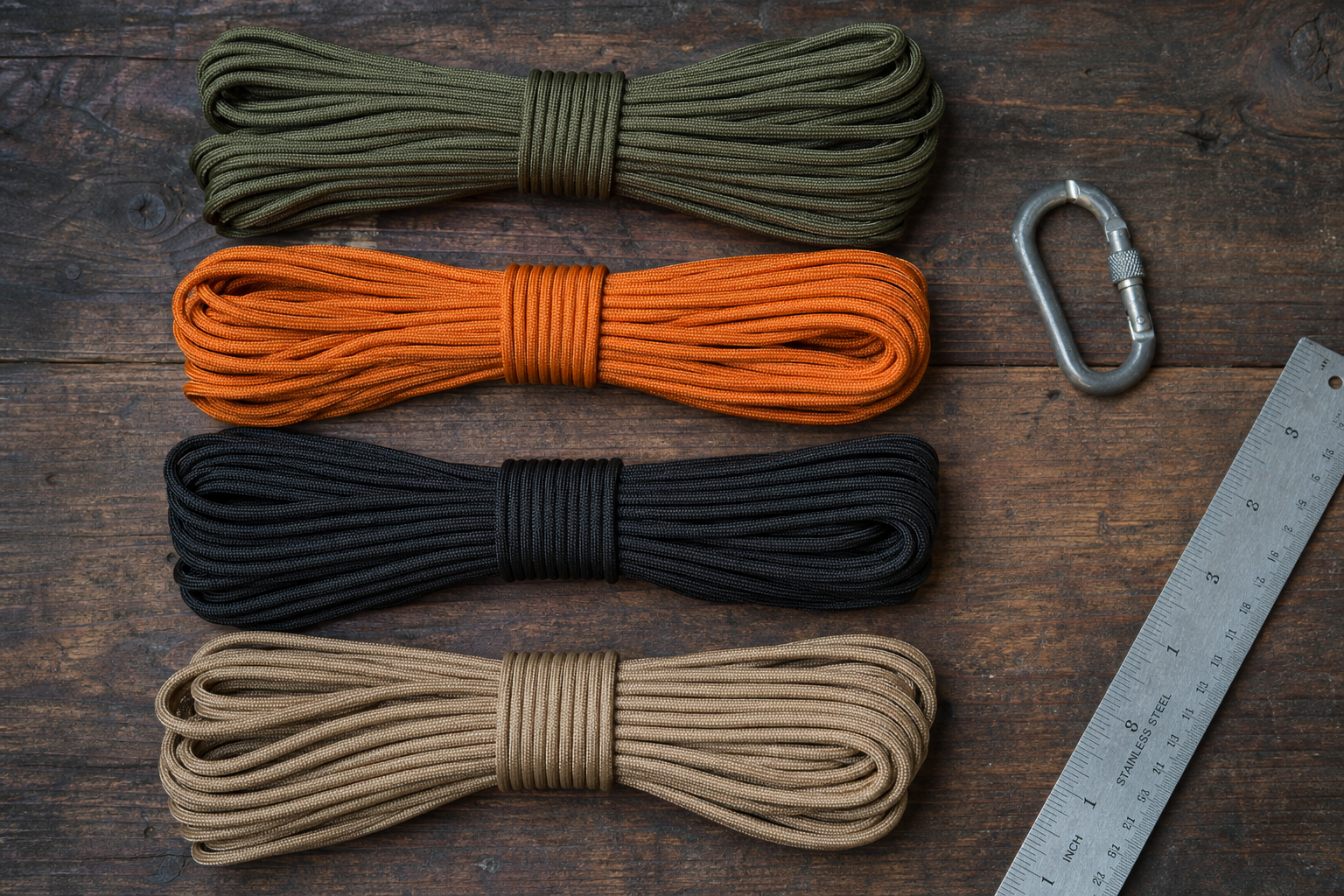 Coils of type III paracord in olive, orange, black and tan on a workbench