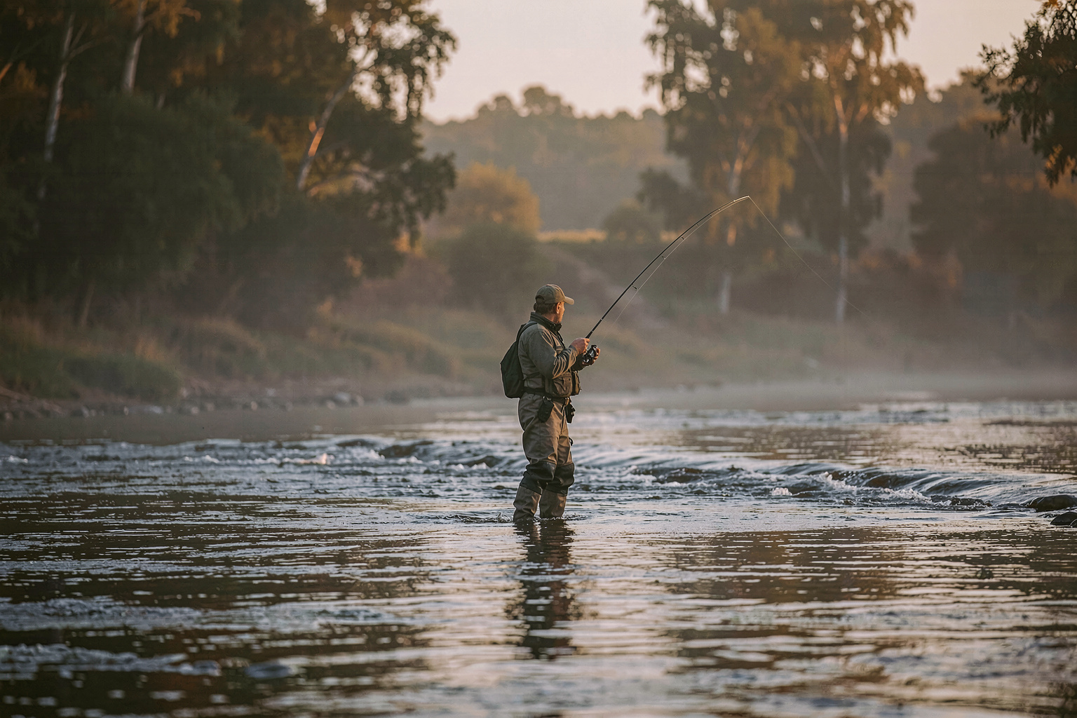A lone angler in chest waders stands mid-river on a shallow riffle at first light, fly rod raised, with mist drifting over dark water and alder trees along the far bank.